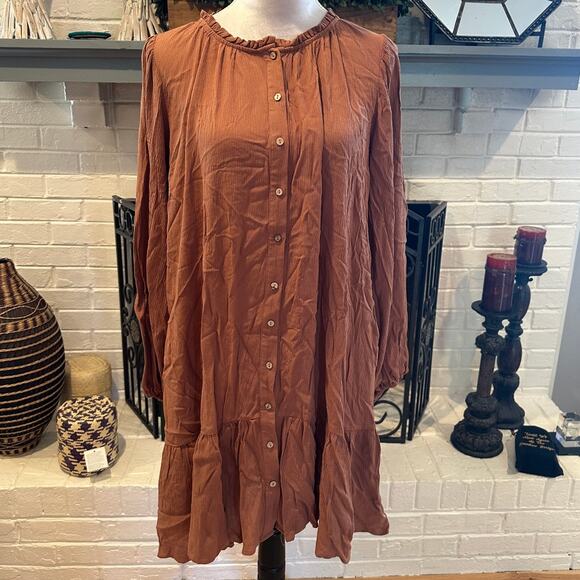 Wishlist Women's Brown Button Down Long Sleeve Shirt Dress Pockets M/L NWOT - Picture 1 of 9